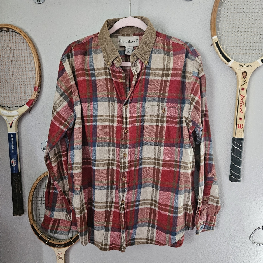 GreatLand Vintage Plaid Flannel Button Down With Corderoy Collar Large Red White